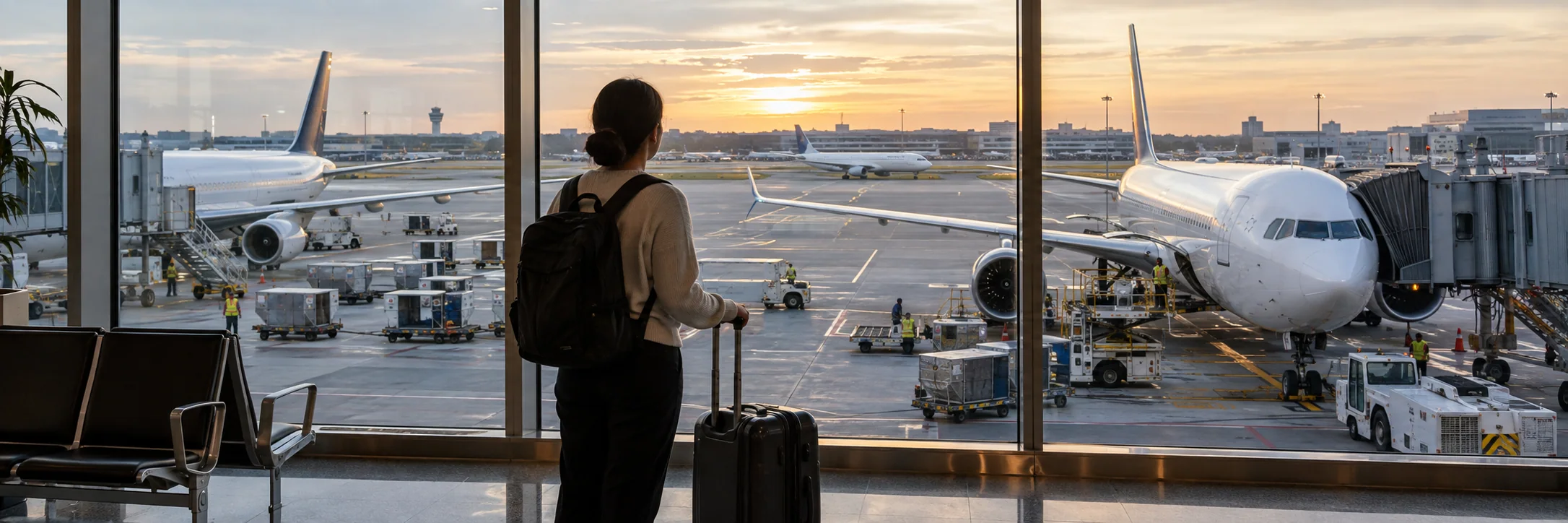 Several passenger aircraft and ground crews occupy a busy airport apron viewed through terminal glazing.