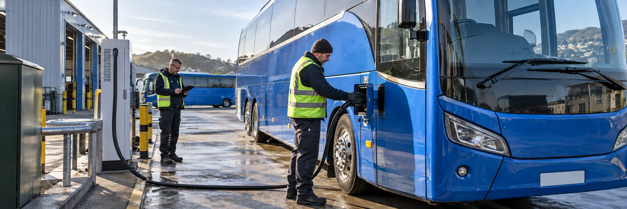 A transport technician connects a parked electric touring coach to a depot charger.