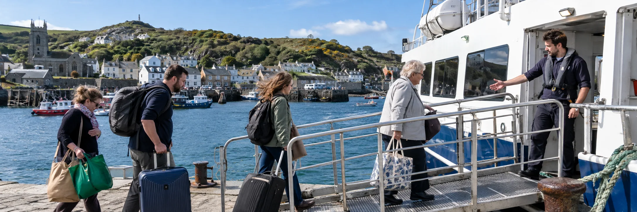 Residents with shopping bags and visitors with luggage board a small passenger ferry at an island harbour.