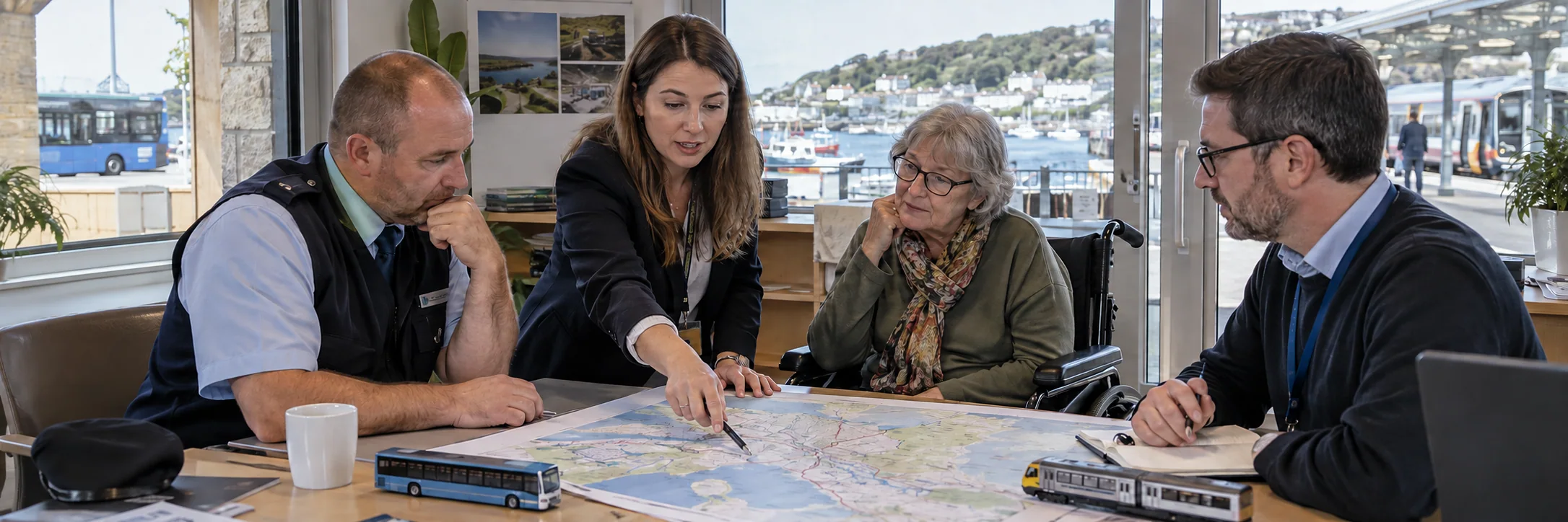 Transport planners and residents examine a physical route map and service models at a public planning table.