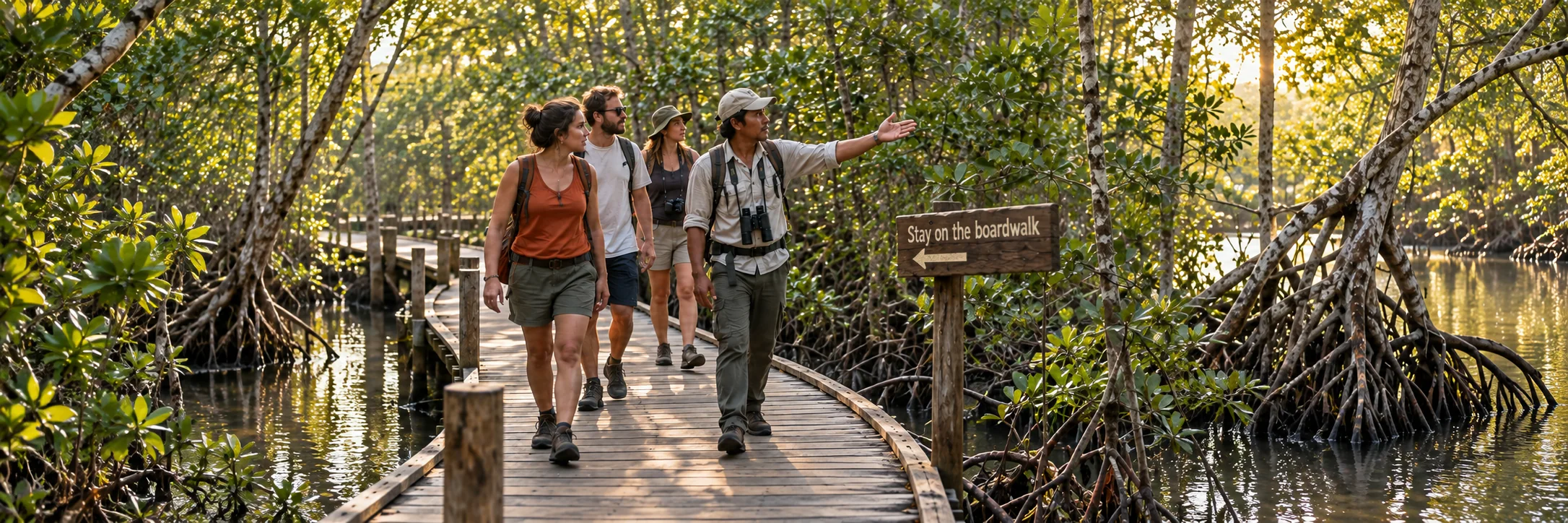 A local guide and a small group of visitors follow a raised boardwalk through mangroves beside a subtle marked-path prompt.