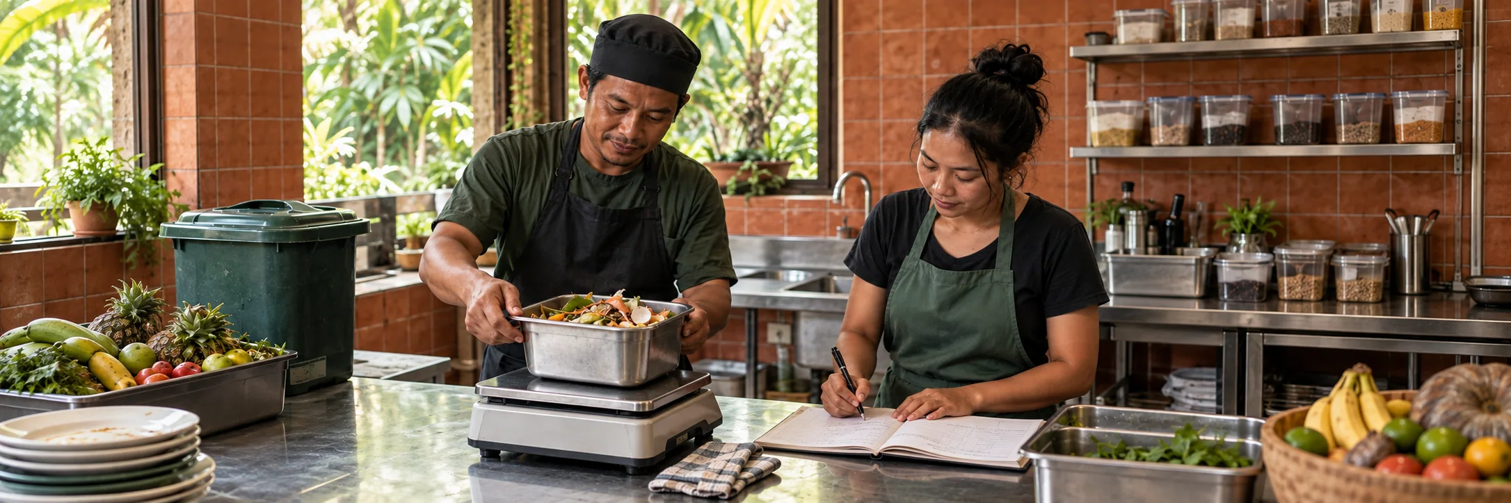 Guesthouse staff weigh breakfast leftovers in a collection tub to record food waste after service.