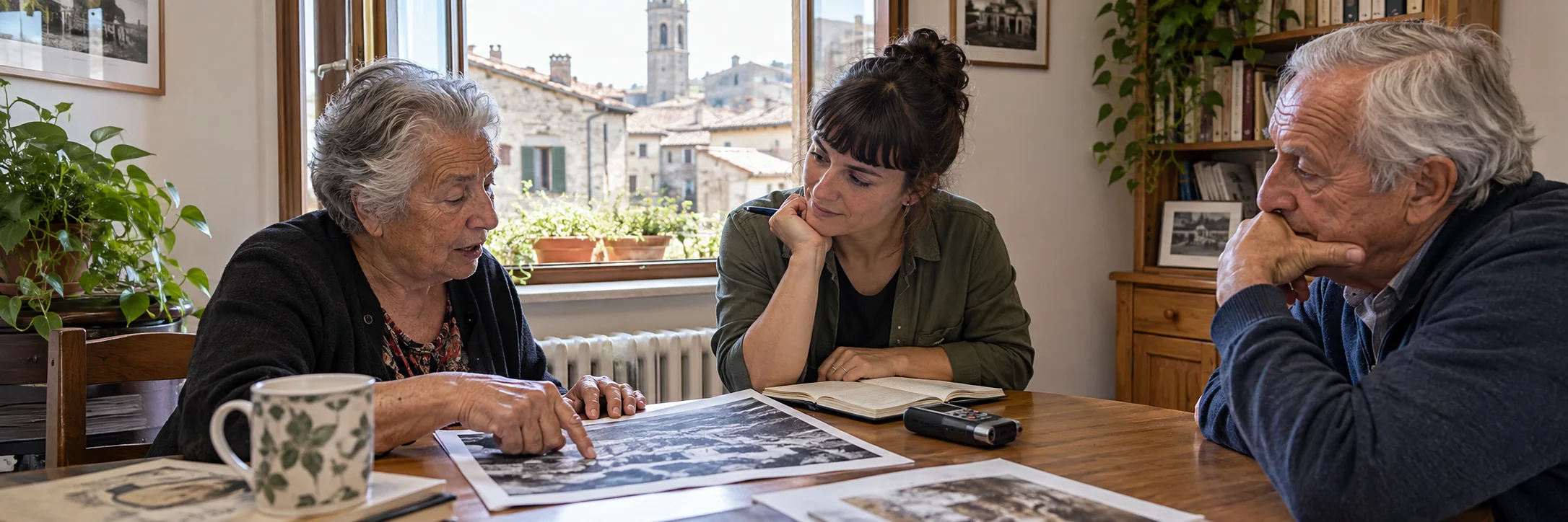 A researcher records a consenting resident's account of their neighbourhood in a community room.