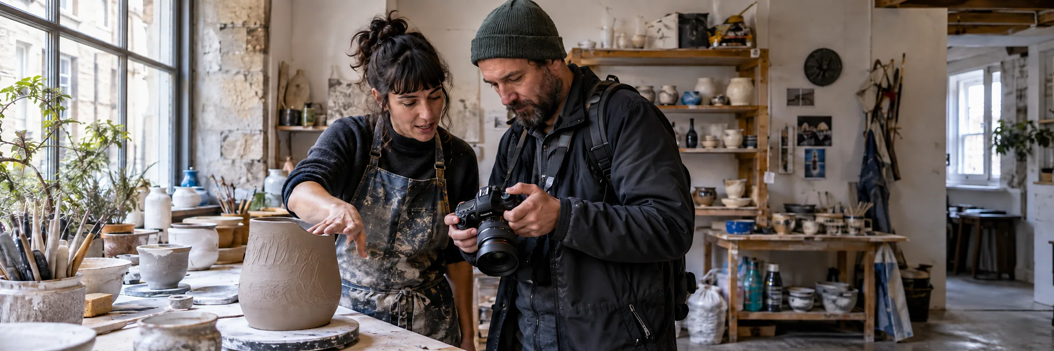 A working ceramicist and a visiting photographer discuss how the workshop will be represented.