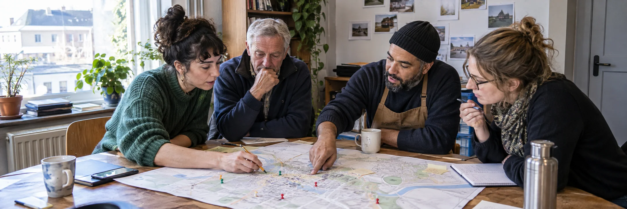 Residents, a shopkeeper and a local planner mark priorities on a shared neighbourhood map.