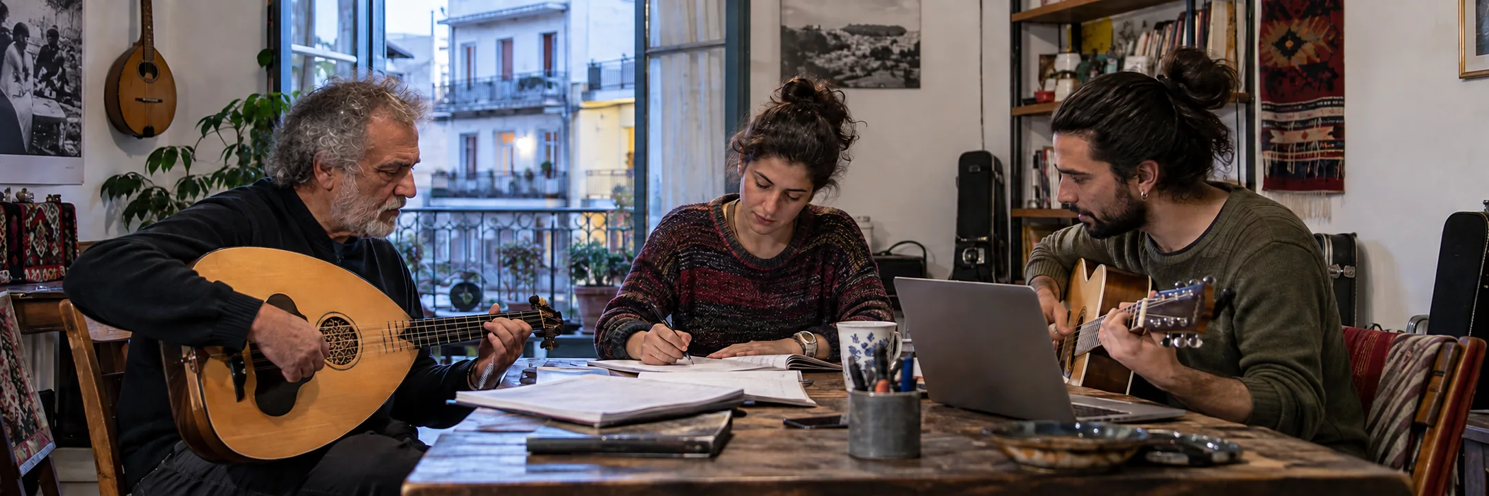 Adults of different generations rehearse music in a community room while adapting a shared arrangement.