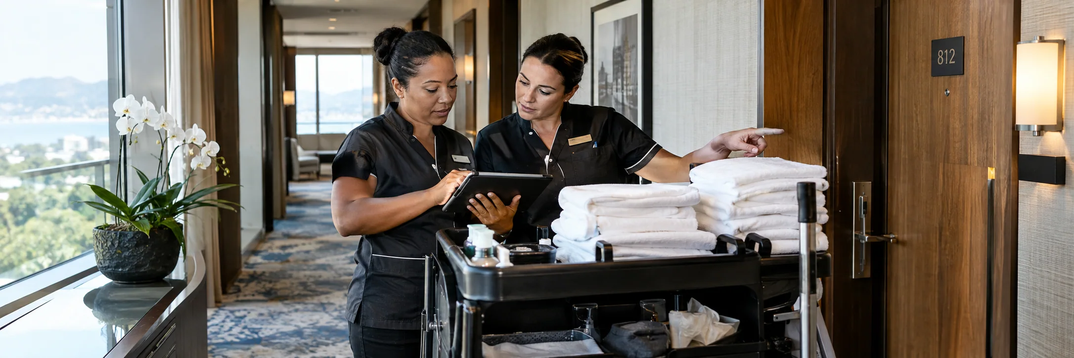Two housekeeping staff review a digital room schedule beside their service trolley.