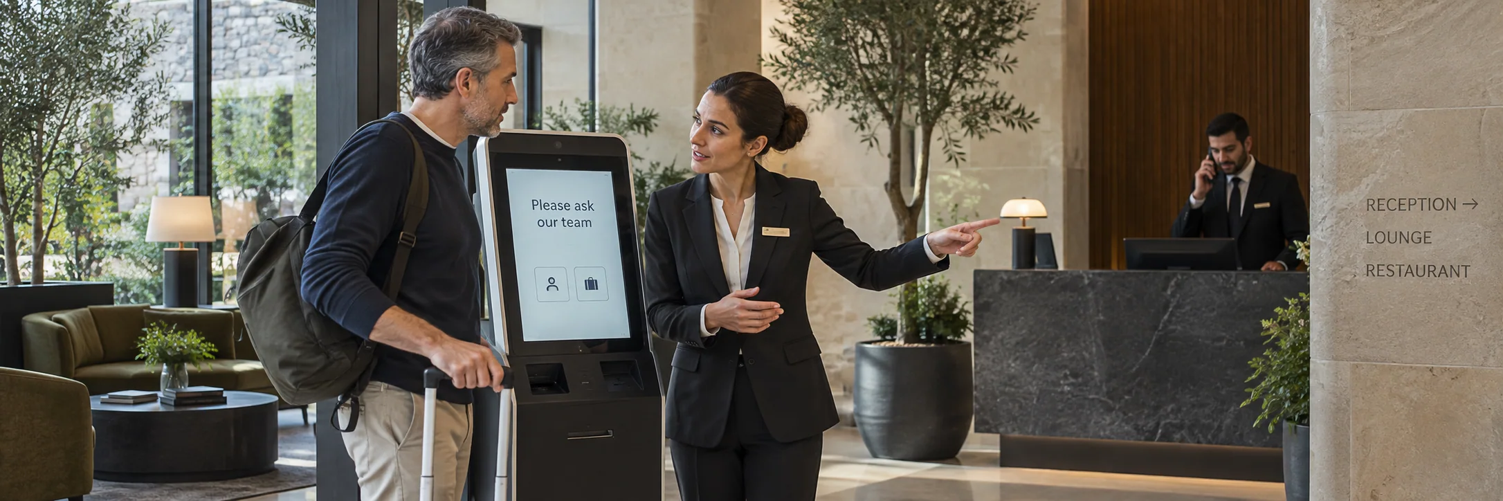 A hotel team member helps a guest resolve a problem at a self-check-in kiosk.