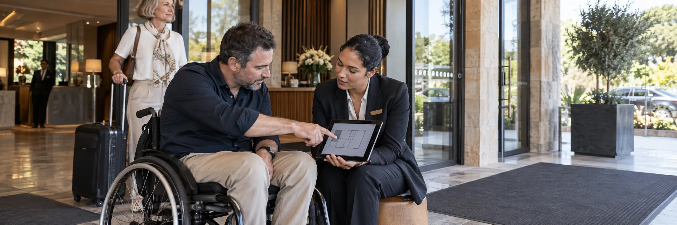 A hotel host and a guest using a wheelchair review a practical arrival route together.